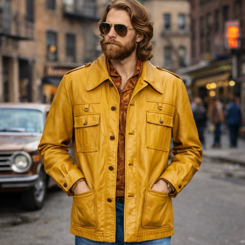 Vintage 70's Leather Jacket Mens Medium Retro Hipster Western Mustard Yellow